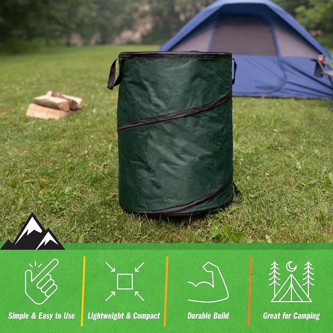 Outdoor Trash Can - 46-Gallon Collapsible Garbage Can with 3 Stakes - Pop Up Trash Bin for Camping, Storage, or Yard Waste Outdoors (Green)