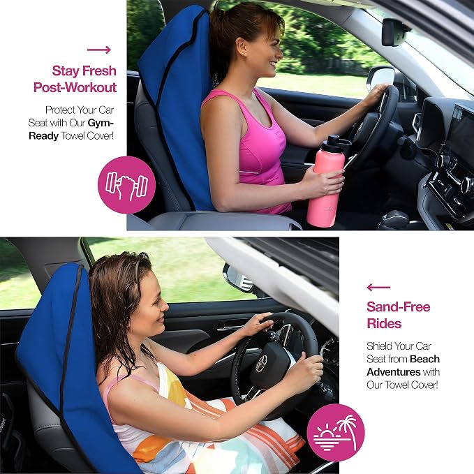 Car Seat Towel Cover for Post Gym Workout, Running, Swimming, and Hiking, 2 Pack Universal Fit Anti-Slip Waterproof Sweating Bucket Seat Protector for Cars, SUVs and Trucks, Blue
