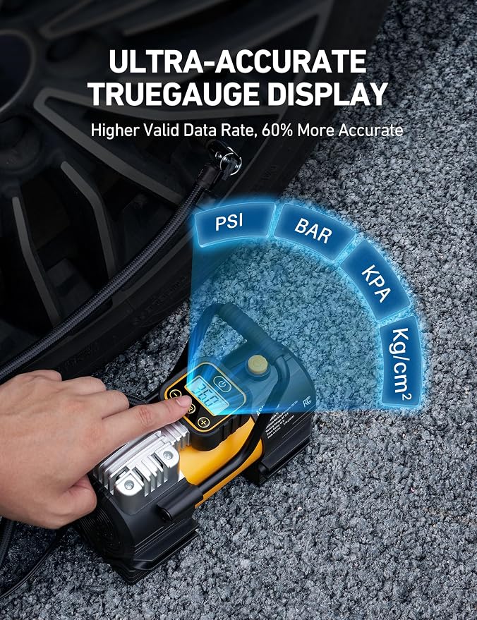 Tire Inflator Portable Air Compressor 150 PSI 12V DC Tire Pump with Digital Gauge Auto Shut-Off Fast Inflation, Ultra-Bright 12 LED Emergency Light for Car, Motorcycle, Bike, Ball, Inflatables