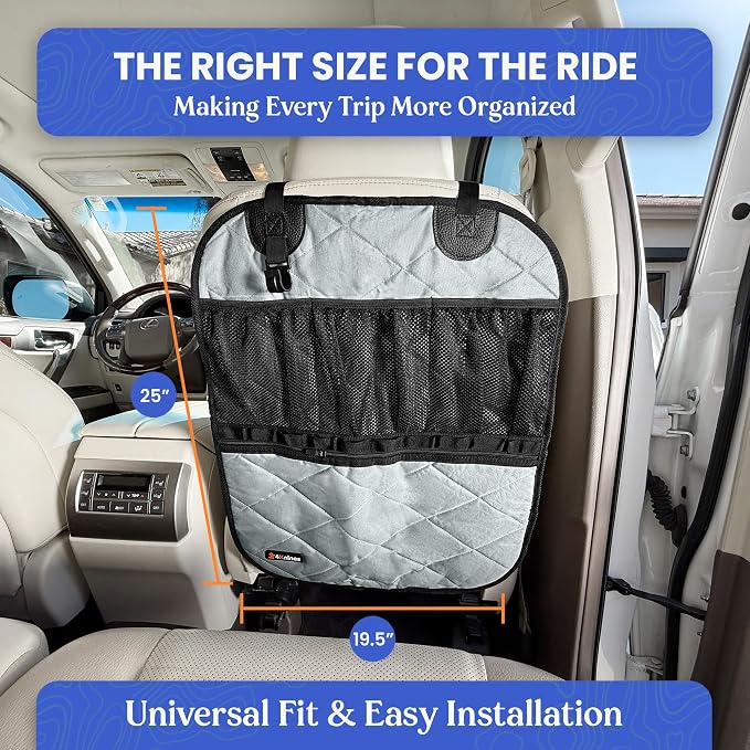 Car Seat Back Organizer – Heavy-Duty Kick Mat w/Mesh Storage Pockets, Bottle Hook – UV-Resistant Hardware – Waterproof Backseat Organizer for Kids & Pets – Fits SUVs, Trucks, Cars – Grey