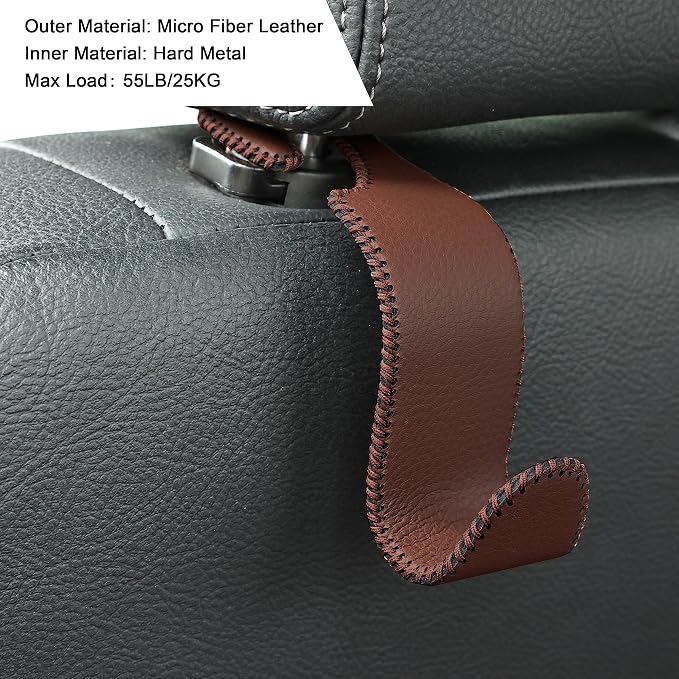 Car Seat Headrest Hook 4 Pack Metal Core Hanger Universal Car Storage Organizer for Handbag Purse Coat S Type Leather Brown