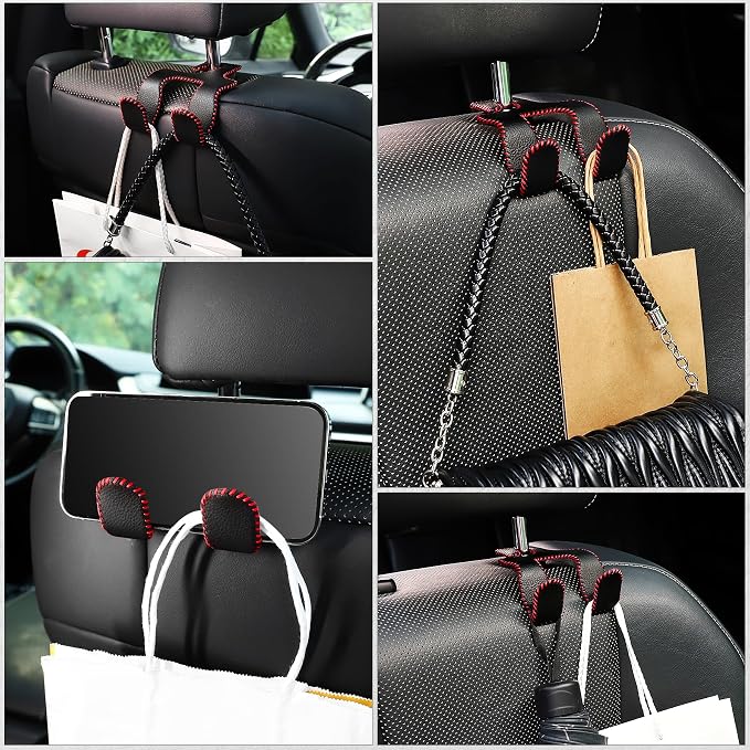Upgraded Superior Leather Car Seat Back Headrest Hook, 2 in 1 Auto Seat Hook Hangers Holder Organization Interior Accessories for Purses Coats Umbrellas Grocery Bags Handbag (Black/Red)