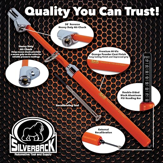 Silverback Hi-Visibility Orange Dual Foot Commercial Truck Tire Pressure Gauge, Recalibratable. Heavy Duty Stick Gauge with Black Metal Bar, Range 10-150 PSI in 2 PSI Increments.