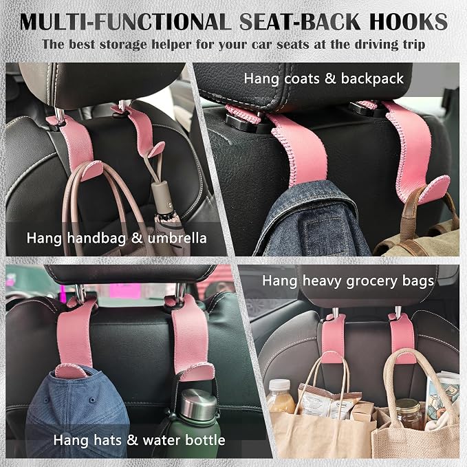 Car Seat Headrest Hook Universal Vehicle Storage Hanger Leather with Metal Car Seat Back Organizer for Handbag Purse Coat Pink 2 Pack