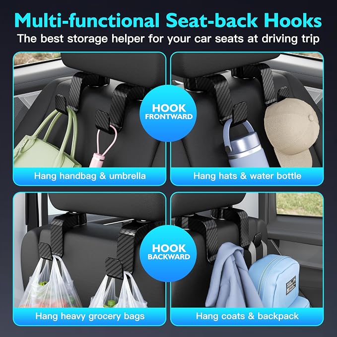 Car Seat Hooks Anti-drop Headrest Storage Hanger Universal Fit Automotive Organizer for Purse Bag Coat 2 Pack (Black Checkered)