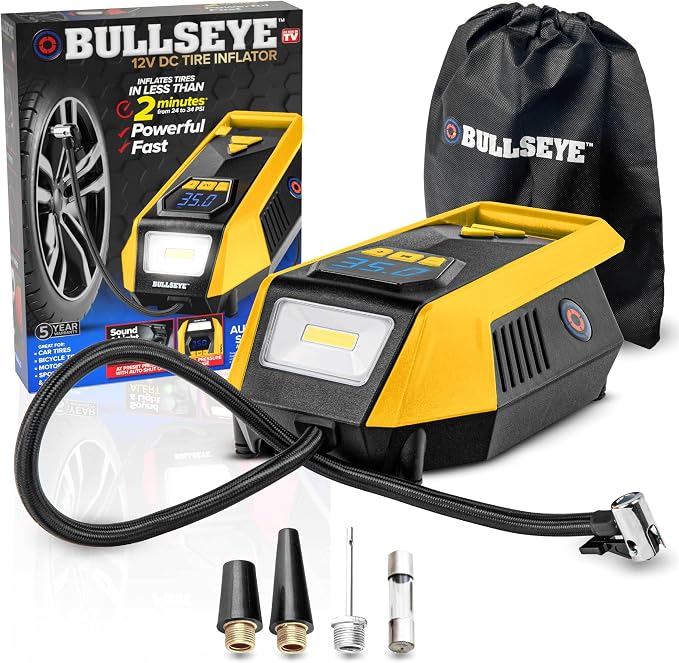 Bullseye 12V DC Car Tire Inflator Portable Air Compressor - Rapid 2 Minute Inflation, Auto Shut-Off, Max 150 PSI, Easy Cord Storage, Digital Pressure Gauge, LED Display (Yellow) - As Seen on TV