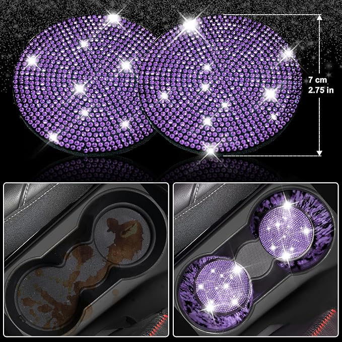 11PCS Bling Purple Car Steering Wheel Cover Set for Women, Sparkly Rhinestone Diamond Bling Seat Belt Cushion, Glitter Shift Knob Cover, Car Cup Holder Coaster, Interior Sets Violet 14.5"-15"