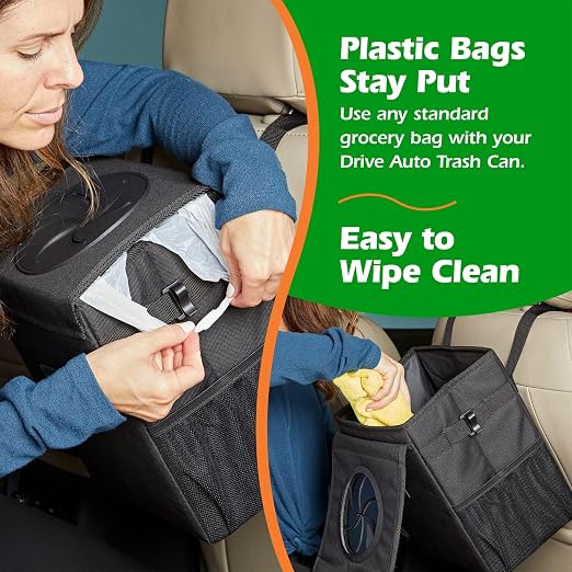 Car Trash Can - Collapsible, Leakproof Garbage Bin with 20 Trash Bags and Adjustable Strap - Car & Truck Accessories for Men and Women - Black, Large