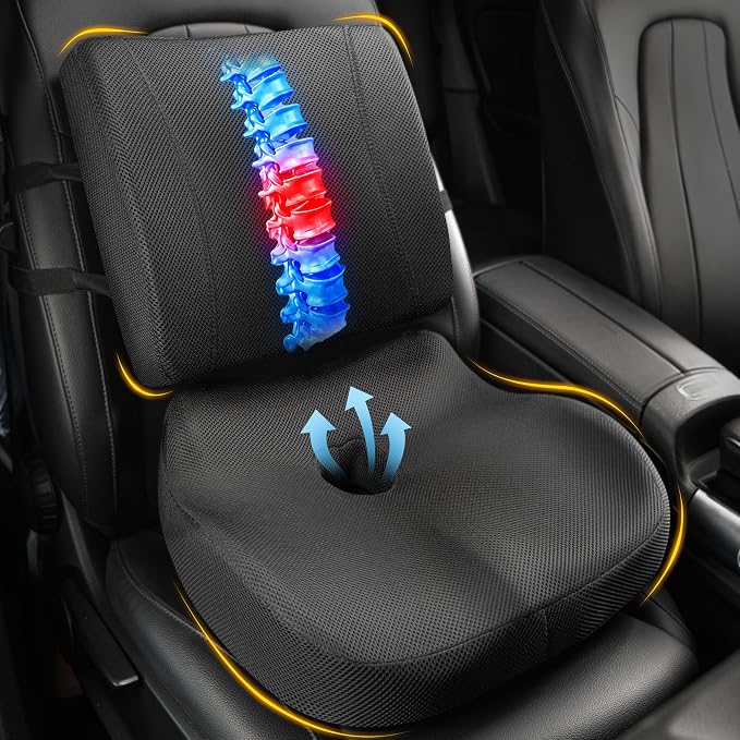 Car Seat Cushion and Lumbar Back Support Pillow Set for Driving | Memory Foam Car Seat Cushions, Back Support for Car, Car Cushion for Height, Pressure Relief for Trucks, Office Chairs, Black
