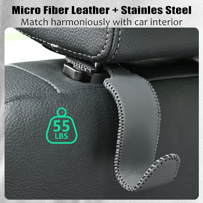Car Seat Headrest Hook Universal Vehicle Storage Hanger Leather with Metal Car Seat Back Organizer for Handbag Purse Coat Grey 4 Pack