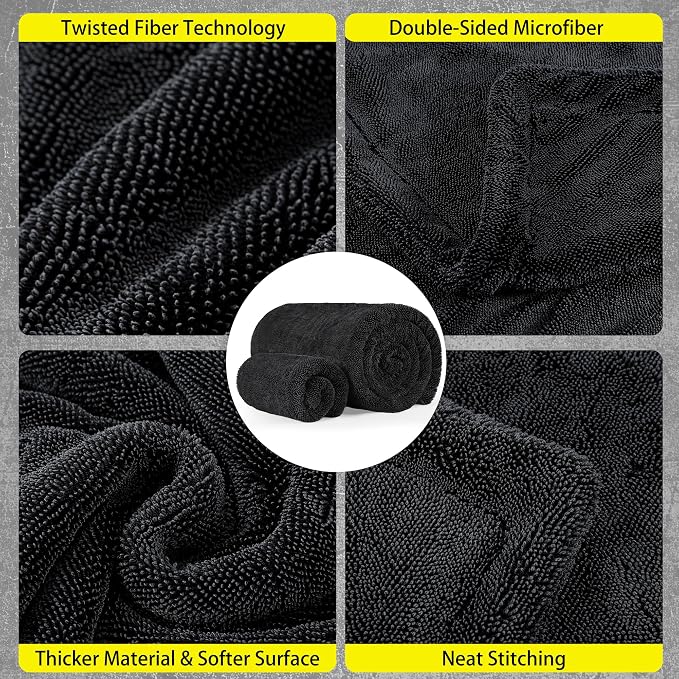 2 Pack Car Drying Towel, 1200GSM Microfiber Towels for Cars | 24 x 48 Inch & 12 x 12 Inch Super Absorbent Detailing Towels Dual Sided Streak-Free Twisted Loop for Auto SUV Truck Boat Home