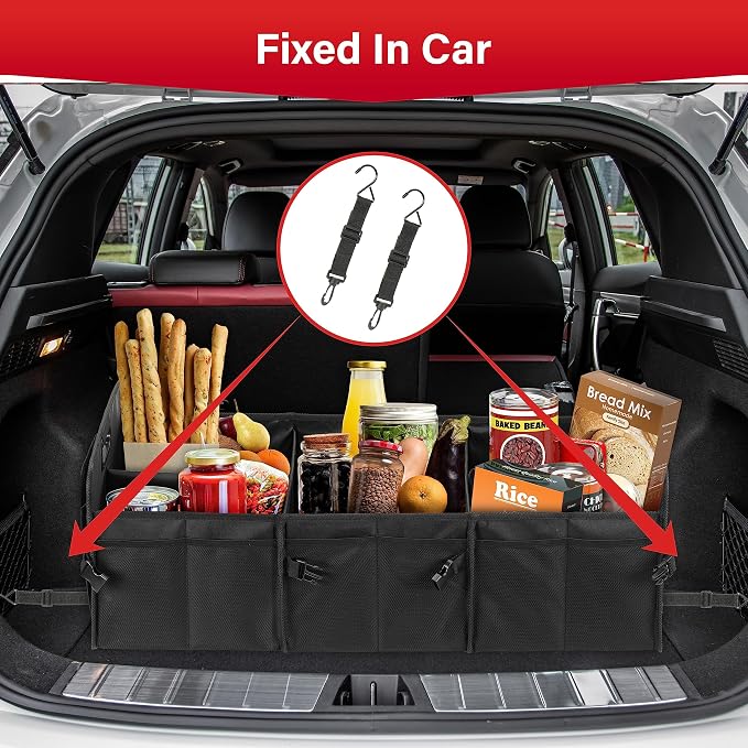 Car Trunk Organizer, Multi Compartments Collapsible Trunk Storage, Anti-slip, Waterproof 600D Oxford Polyester, with Adjustable Straps for SUV, Minivan, Truck, Large Size, Black