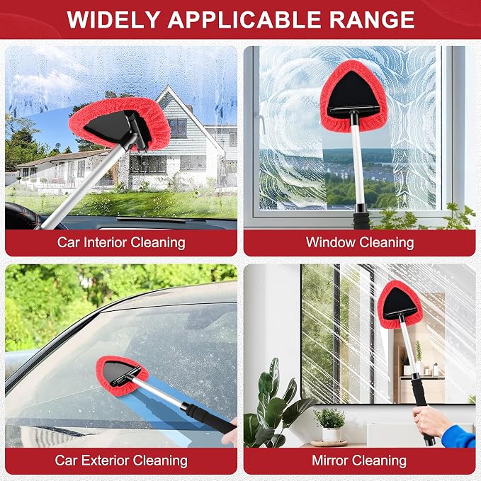 Windshield Cleaner Tool, Car Interior&Exterior Window Cleaning Tool with Extendable Handle & 4 Reusable Microfiber Pads, Auto Glass Wiper Brush Kit for Cars (Red)