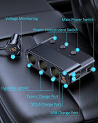 7-1 Cigarette Lighter Splitter, 3-Socket Adapter with PD 30W Type-C | 12V/24V Car Charger, QC3.0 & Dual USB Ports, Independent Switches, Voltage Display, 3.3FT Extension Cord for Truck RV SUV