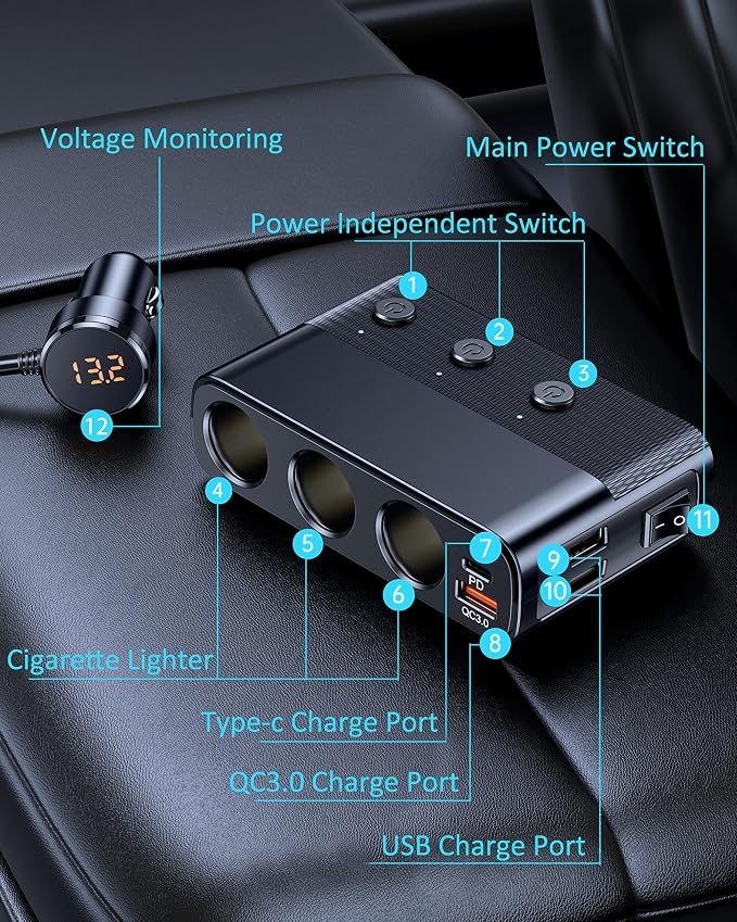7-1 Cigarette Lighter Splitter, 3-Socket Adapter with PD 30W Type-C | 12V/24V Car Charger, QC3.0 & Dual USB Ports, Independent Switches, Voltage Display, 3.3FT Extension Cord for Truck RV SUV