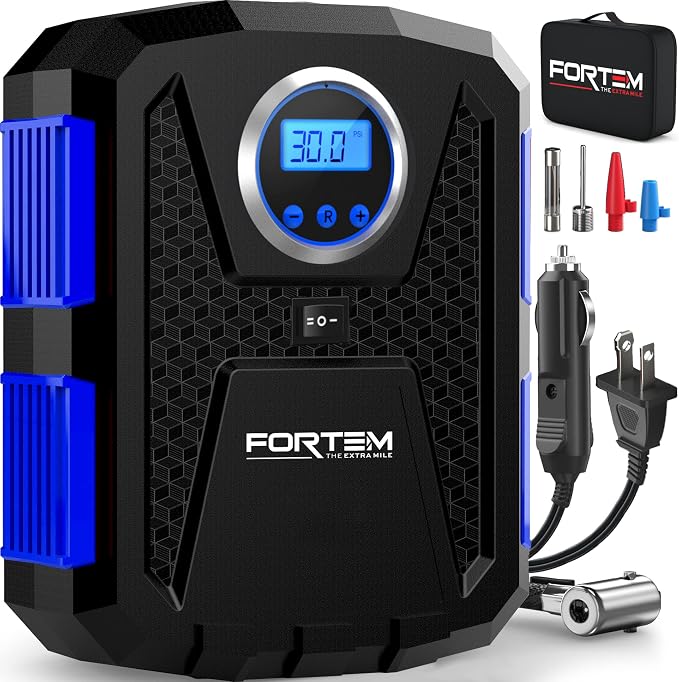 Tire Inflator Portable Air Compressor, Air Pump for Car Tires and Bikes, Car Tire Pump w/Auto Shut Off, 150 PSI, 110V AC 12V DC, LED Light, Carrying Case, Perfect For Men, Women