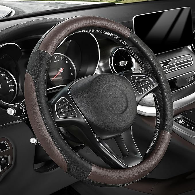 Steering Wheel Cover for Car, Standard Size 14.5-15 inch, Auto Interior Accessories, Black and Dark Brown