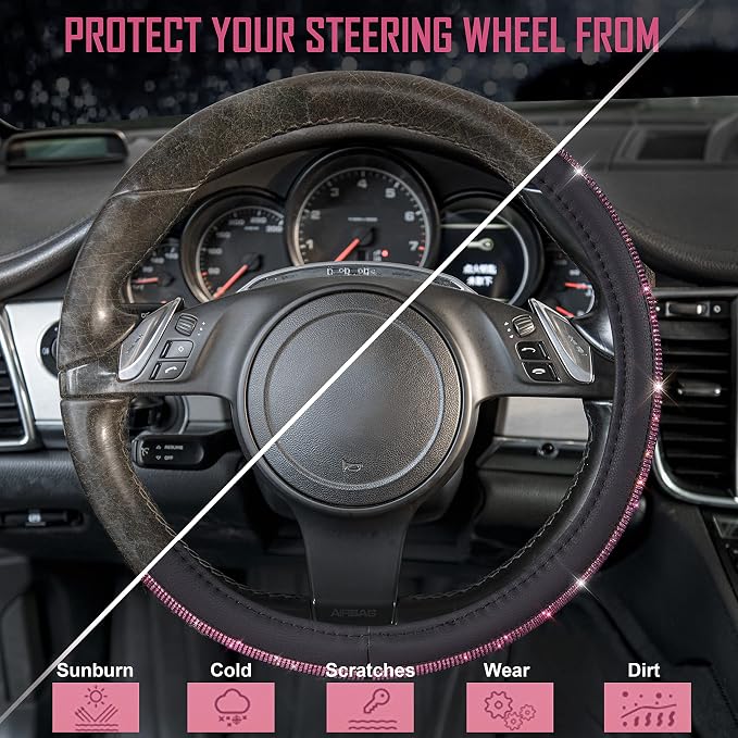 Bling Diamond Leather Steering Wheel Cover, Bling Sparkly Crystal Glitter Rhinestones Universal Fit 14" 1/2-15" Car Wheel Protect for Women Girl Fit Suvs,Vans,Sedans,Cars,Trucks, Pink Black