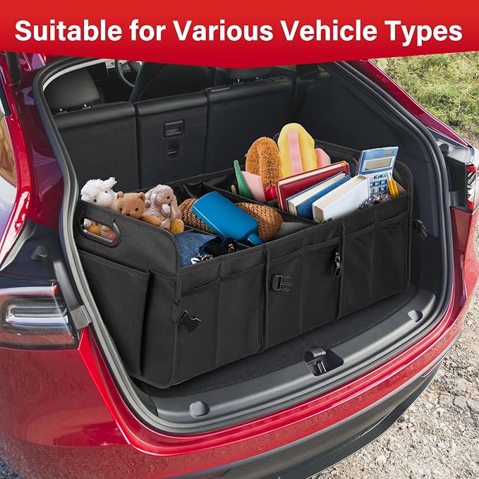 Car Trunk Organizer, Multi Compartments Collapsible Trunk Storage, Anti-slip, Waterproof 600D Oxford Polyester, with Adjustable Straps for SUV, Minivan, Truck, Large Size, Black