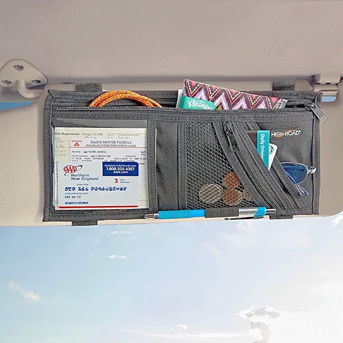 Car Visor Organizer with Secure Zip Pockets, Sunglasses Holder and Clear Registration and Insurance Pocket - Heavy Duty Straps Fit Most Car, SUV and Truck Visors