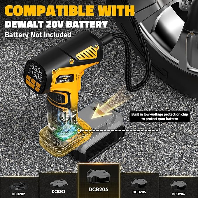 150PSI Tire Inflator Portable Air Compressor: Cordless Air Pump Compatible with Dewalt 20V Battery - Car Tire Pump with Digital Pressure Gauge & LED Light for Auto, Motorcycles (Tool Only)