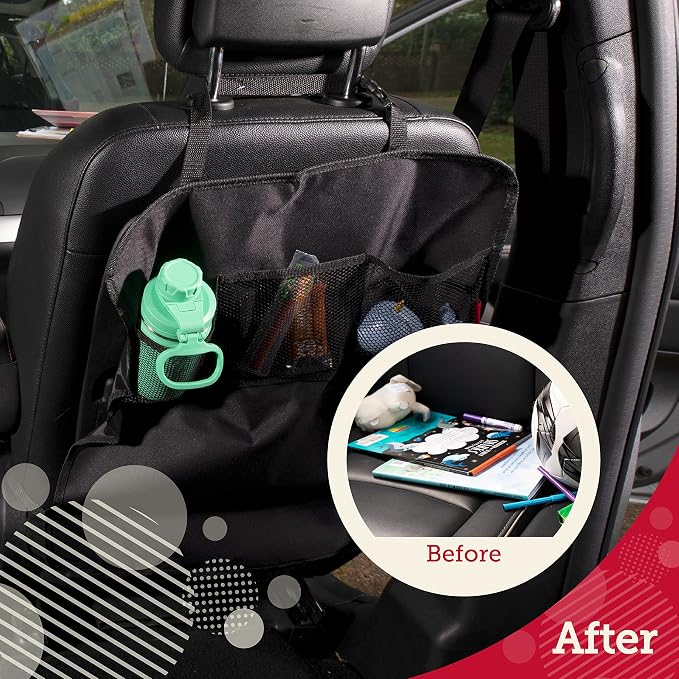 Seat Back Protector - 2-Pack Kids Kick Mat & Car Seat Organizer - Waterproof Oxford Backseat Cover - 3 Mesh Pockets for Car Organization, Black