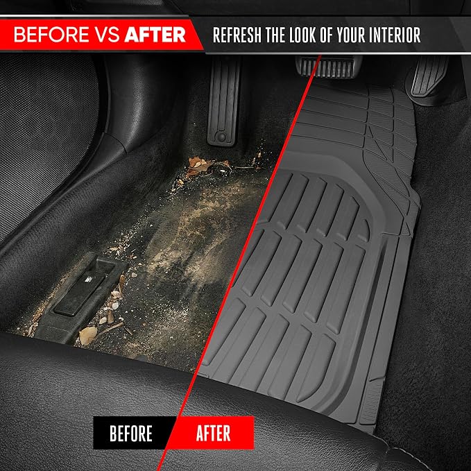 FlexTough LITE Rubber Car Mats Full Set - All Weather Floor Mats for Trucks, Cars & SUVs - Automotive Waterproof Gray Car Floor Mats for Cars Interior Accessories Universal Trim-to-Fit