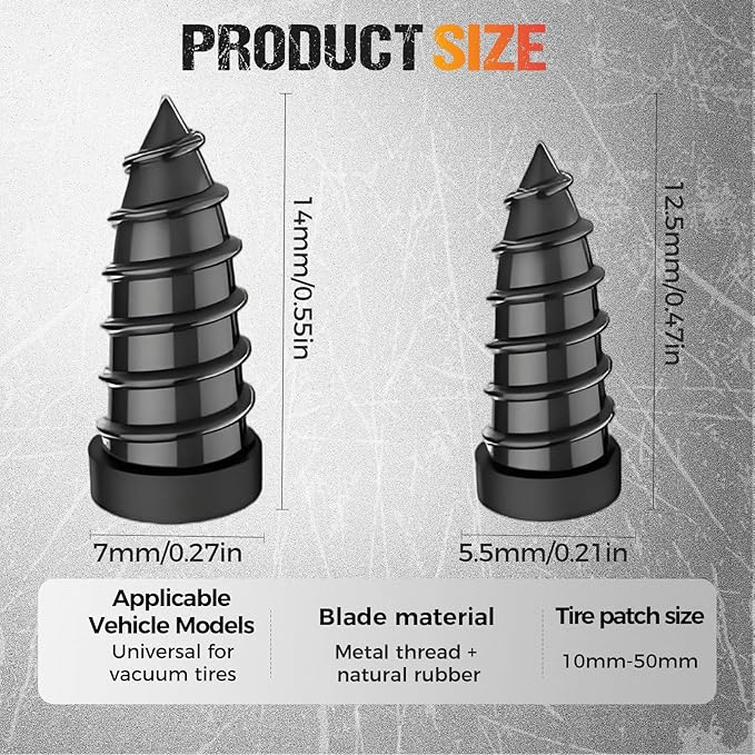 Tire Repair Rubber Nail Kit with 2 Sizes, Screw in Tire Plugs Rubber Screws, Tire Repair Screws for Tubeless Tires, Fast Emergency Tire Repair for Car Motorcycle Bike Truck (60 Pcs)