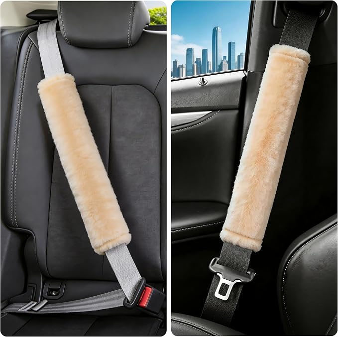 Soft Faux Fur Universal Fit Seatbelt Cover Car Truck SUV Airplane Seat Belt Shoulder Pad for Carmera Backpack Straps Neck Cushion Protector Extra Long 15.7in Beige