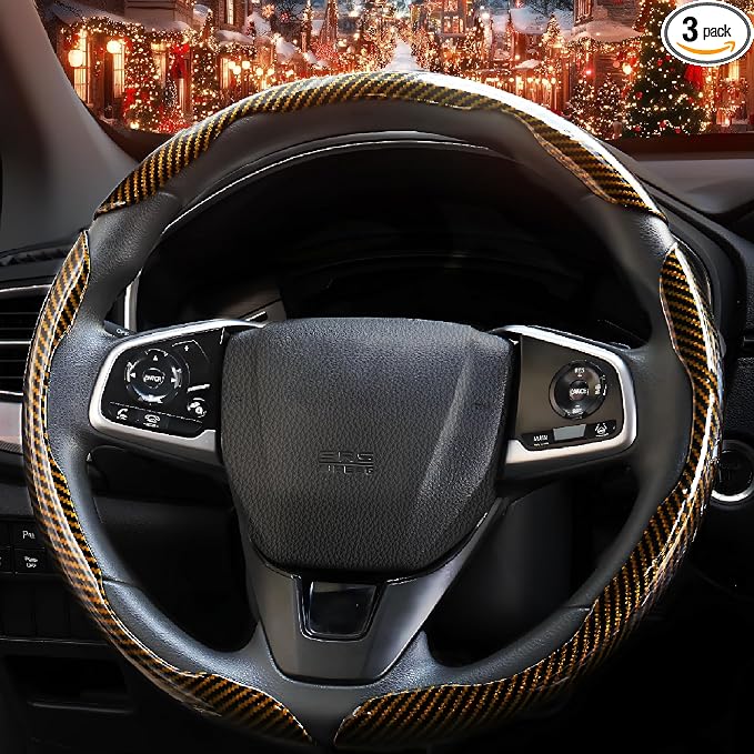 3PCS Carbon Fiber Steering Wheel Cover-Segmented Clip-On Design Anti-Slip & Scratch Resistant Universal Fit 14.5"-16" for Cars/Truck/SUV Great Gift for Men & Women