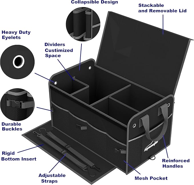 Car Trunk Organizer with Lid & Adjustable Multi Compartment for SUV | with Side Pockets and Securing Straps, Foldable