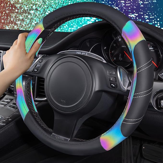 Line Rider Microfiber Leather Sporty 14.5-15 inch Steering Wheel Cover Universal Fits for 95% Truck,SUV,Cars, Anti-Slip Safety Comfortable Design (Black Reflective)