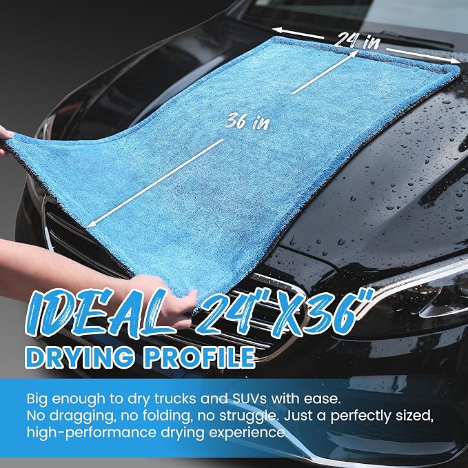 PUGPIU 1400GSM Large Microfiber Car Drying Towel Detailing 24"x36" | XL Super Absorbent Microfiber Towels - Edgeless with Twisted Loop - No Lint Streak for SUV Truck Car Detailing (Blue)