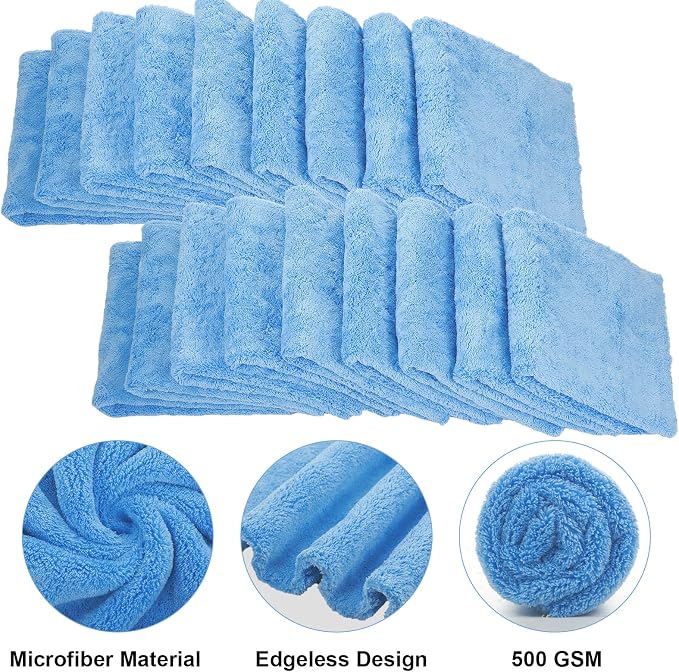 30 Pcs 16 × 16 Inch Microfiber Towels for Cars, 500 GSM Edgeless Plush Car Detailing Towel, Lint Free Scratch Free Cleaning Cloths for Drying, Washing, Polishing, Waxing, Home (Light Blue)