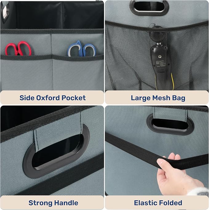 Car Trunk Organizer with Lid, Collapsible 2 Compartment Automotive Storage Box, 600D Waterproof Oxford Polyester 50L Travel Accessories, Anti-slip & Leak-proof, Grey-Green