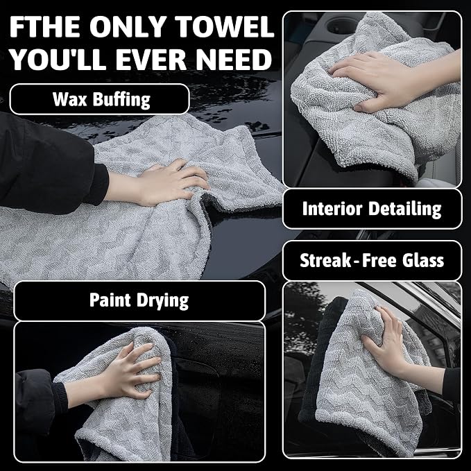 1000GSM Car Drying Towel 18"x24", Edgeless Double Twist Pile, Ultra Absorbent Microfiber Towel, Scratch-Free Lint-Free Streak-Free for Auto Detailing & Car Wash – Wave Silver&Grey