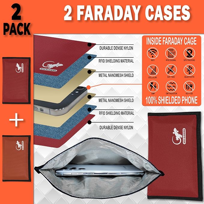 Faraday Bag Anti-Tracking GPS RFID Car Key Signal Blocker Wallet Shielding Pouch Protective Case for Cell Phone Car Key FOB, Data Privacy, Electronic Device Security (2 PACK - RED AND ORANGE)