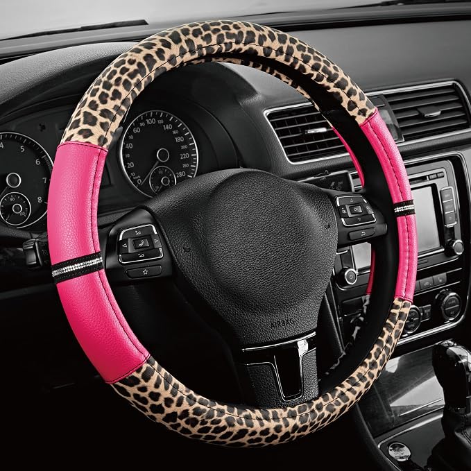 Leopard Steering Wheel Cover for Women, Cute Anti-Slip Microfiber Leather, Universal Fit 14.5-15 Inch Round Steering Wheel - HotPink