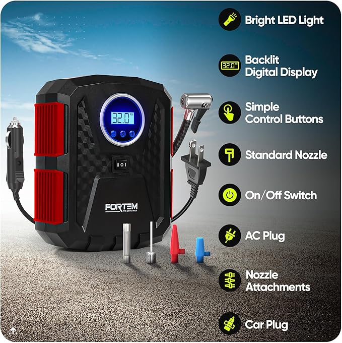 Tire Inflator Portable Air Compressor, Air Pump for Car Tires and Bikes, Car Tire Pump w/Auto Shut Off, 150 PSI, 110V AC 12V DC, LED Light, Carrying Case, Perfect for Men, Women
