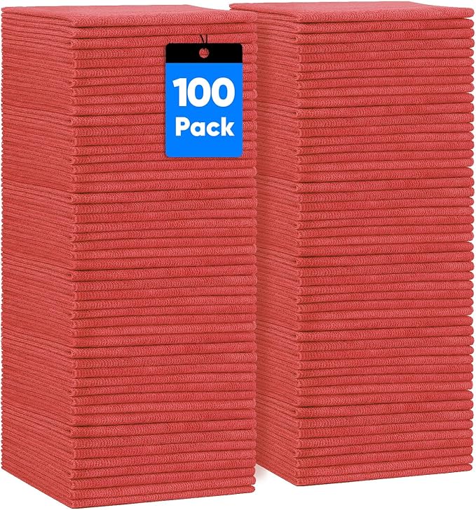 Red Shop Towels 100 Pack, Reusable Microfiber Cleaning Cloth Bulk, Multipurpose Microfiber Towels for Cars, House and Kitchen, Highly Absorbent Cleaning Rags 11.5 x 11.5 inch