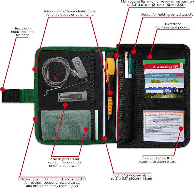 Glove Box Compartment Organizer - Car Document Holder - Owner Manual Case Pouch - Vehicle Storage Wallet for Registration & Insurance Card - Premium Auto Paperwork Holder - Log Book included - Green