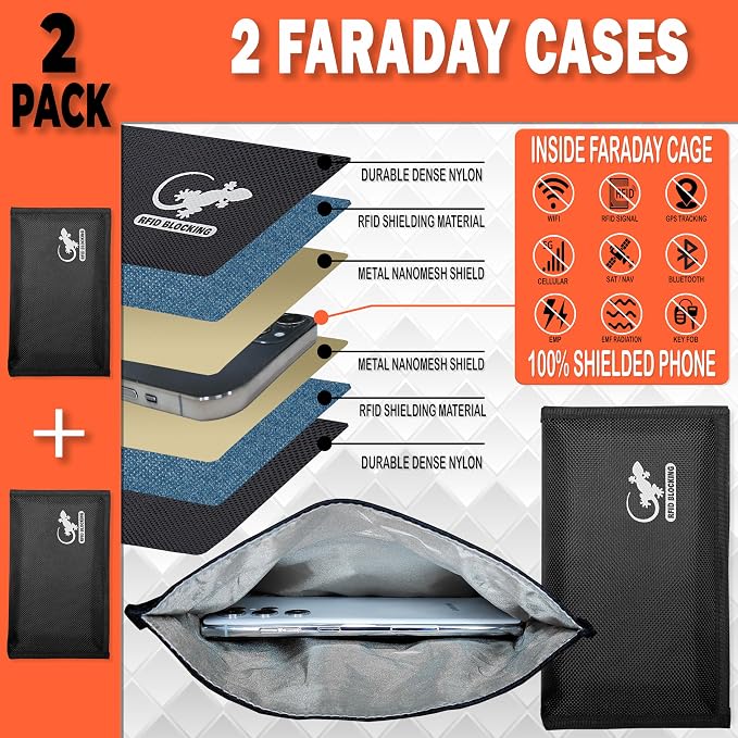 Faraday Bag Anti-Tracking GPS RFID Car Key Signal Blocker Wallet Shielding Pouch Protective Case for Cell Phone Car Key FOB, Data Privacy, Electronic Device Security (2 Pack - Pocket Black)