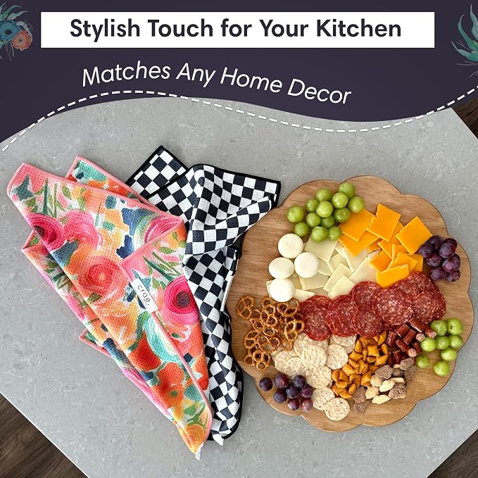crae. Double Sided Microfiber Hand Towels, 17x27 Inches Waffle Design Kitchen Towels Set, Durable & Soft Fast Drying Hand Wash Cloth and Dishcloth Perfect for Everyday (Pia & Fonnie - Black/Pink)