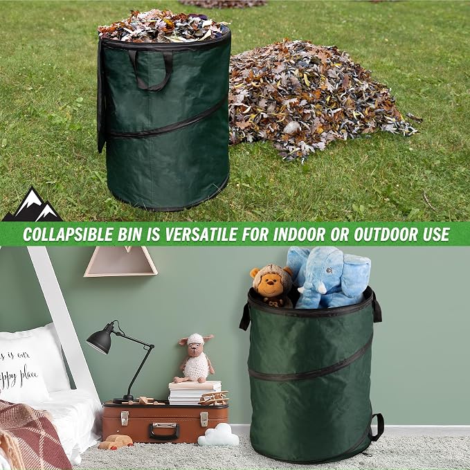 Outdoor Trash Can - 46-Gallon Collapsible Garbage Can with 3 Stakes - Pop Up Trash Bin for Camping, Storage, or Yard Waste Outdoors (Green)