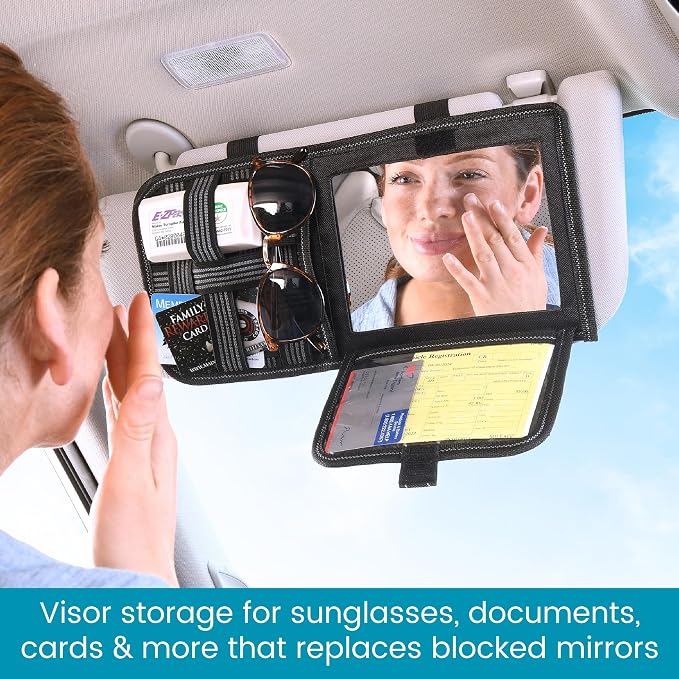 Car Sun Visor Organizer with Hidden Auto Registration and Insurance Holder, Car Visor Mirror and Grip Band Storage Panel for Sunglasses and Driving Essentials