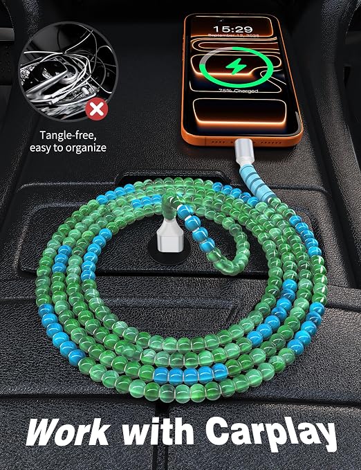 USB A to USB C Cable 6FT,Beaded Charger Cord for iPhone 17 16 Pro Max 17e 15 Car play,Cute Type C Car Charger Charging Cord for iPad 10 11th A16/Samsung S26 S25 S24/Android Phone Girls Women,BlueGreen