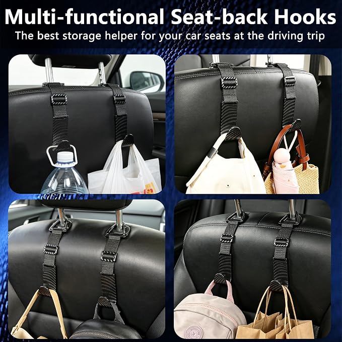Headrest Hooks for Car Adjustable 4 Pack Vehicle Seat Back Organizer Storage Hanger Holder for Purse Bags Universal Fit with Clip Black Carbon Fiber