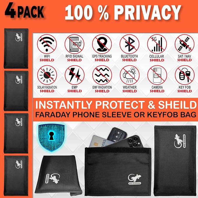 Faraday Bag Anti-Tracking GPS RFID Car Key Signal Blocker Wallet Shielding Pouch Protective Case for Cell Phone Car Key FOB, Data Privacy, Electronic Device Security (4 PACK - BLACK)