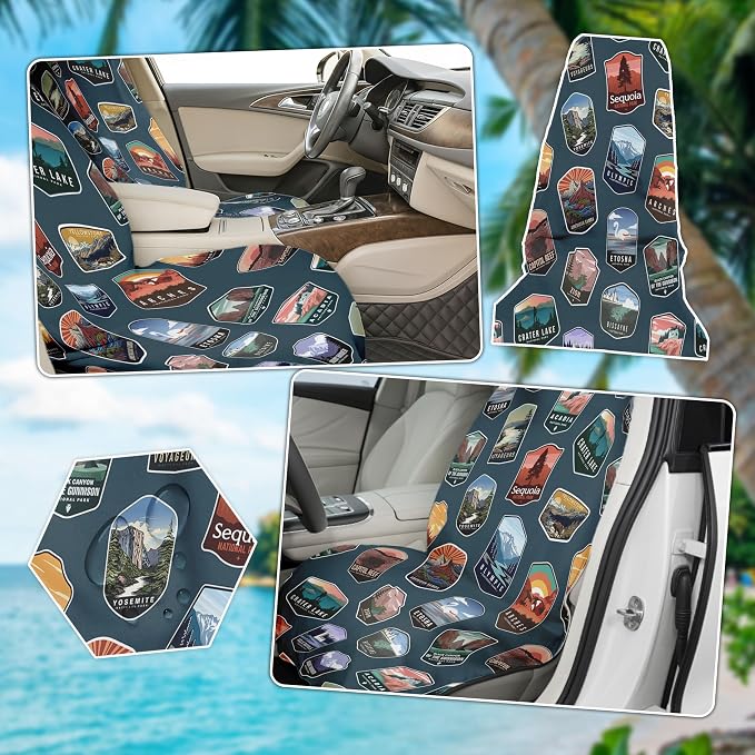 2 Pack Car Seat Towel Covers, Sweat Protector for Front Seats, Premium Thickened Microfiber with Elastic Strap, Breathable Quick Dry, Machine Washable Cover for Gym Running Universal Fit National Park