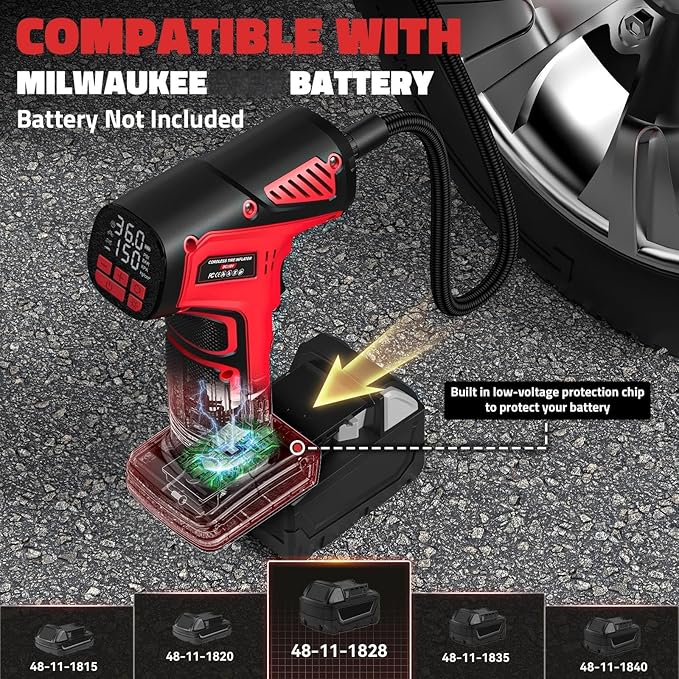 150PSI Tire Inflator Portable Air Compressor: Cordless Air Pump Compatible with Milwaukee 18V Battery - Car Tire Pump with LCD Display & LED Light for Auto, Motorcycles (Tool Only)
